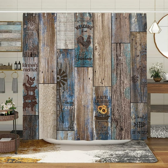 Farmhouse Rustic Shower Curtain Set Vintage Country Shower Curtains for Bathroom Wood Farmhouse Bathroom Decor Polyester Fabric-72" x 72"