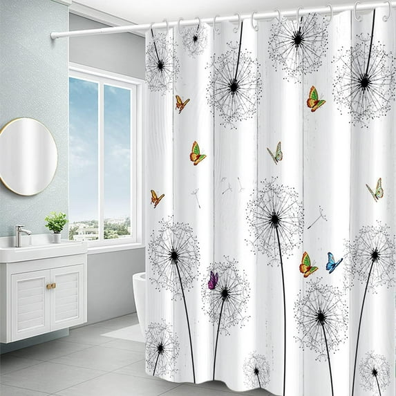 Farmhouse Rustic Shower Curtain Waterproof Cloth Butterfly Floral Dandelions Shower Curtains for Bathroom Weeds White Wood Stripe Fabric Shower Curtain 72x84 inches with Hooks