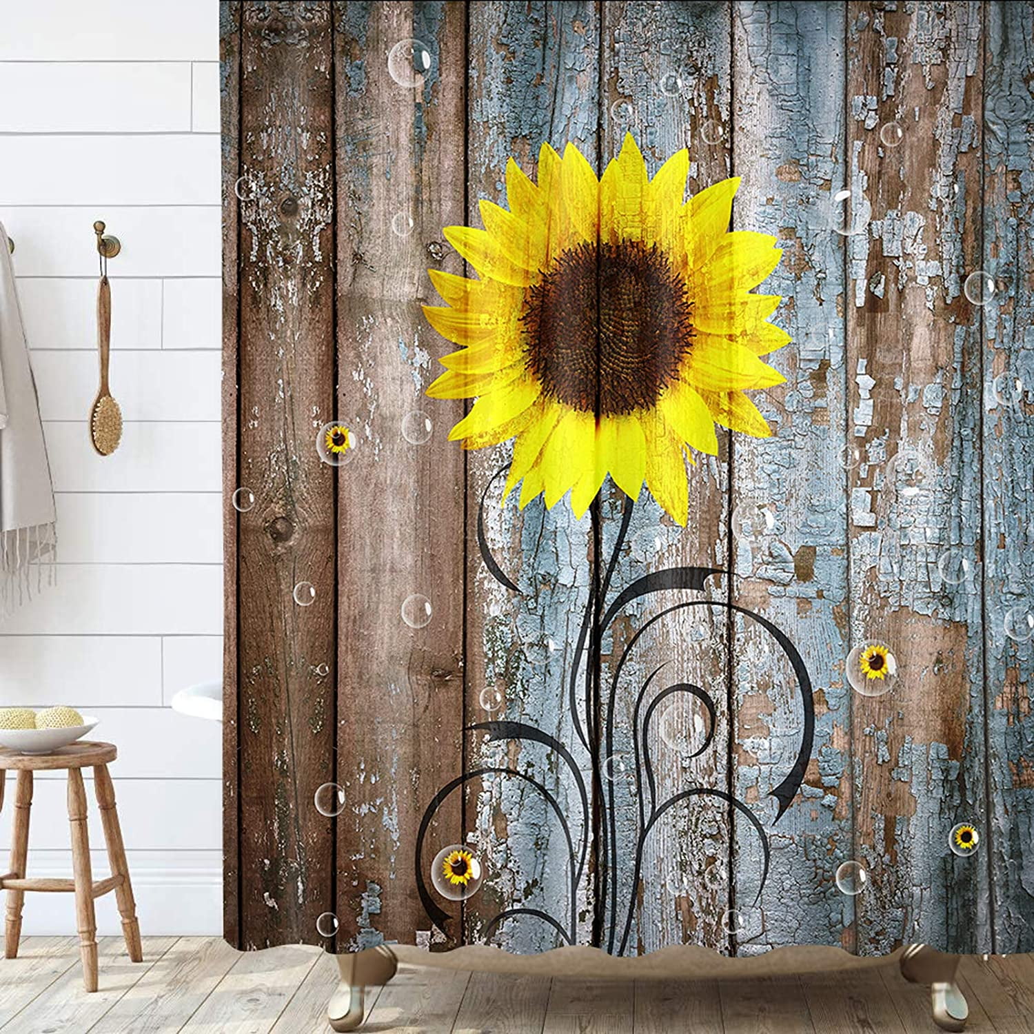 Farmhouse Rustic Shower Curtain, Wooden Shower Curtains,Sunflower