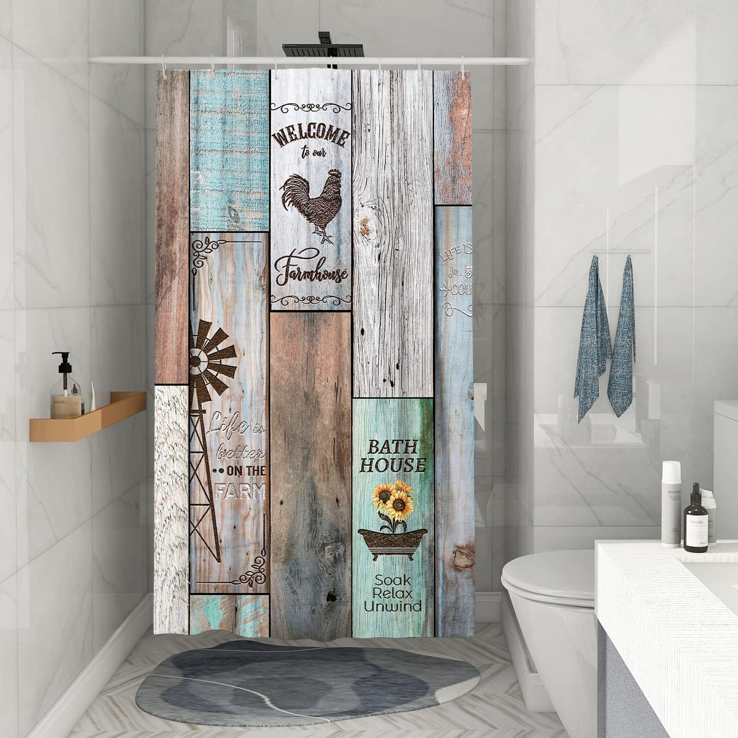 Farmhouse Rustic Small Shower Stall Curtain Size 36" x 72",  Country Wood Narrow Stand up Shower Curtains for Bathroom Decor Polyester Fabric Set