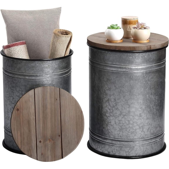Farmhouse Rustic Storage Ottoman Side Table Set, Galvanized Metal & Wood Round Nesting Stools with L