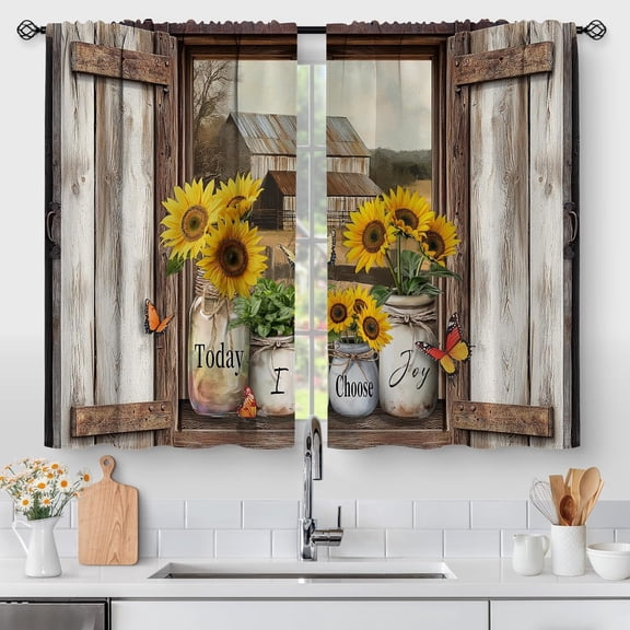 Farmhouse Rustic Sunflower Window Curtains Vintage Wooden Shutter Mason Jar Butterfly Today I Choose Joy Printed Drapes for Home Kitchen Bedroom Decor