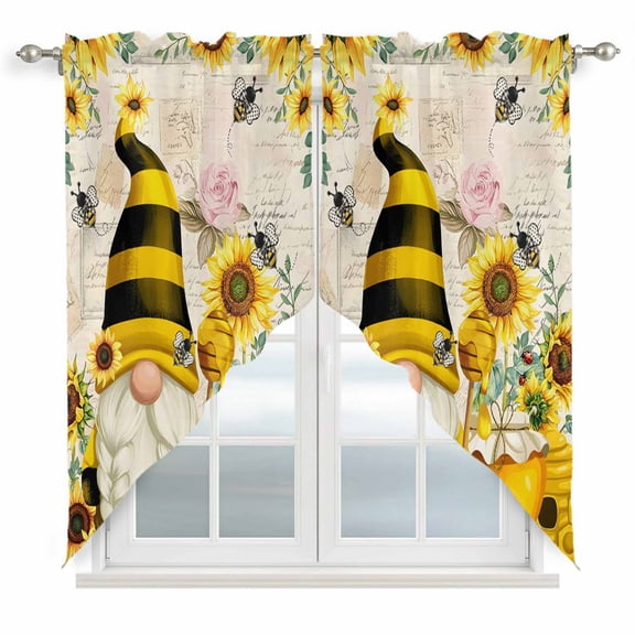 Farmhouse Rustic Swag Valances for Windows 2 Pack Gnome Sunflower Bee Beige Background Swag Kitchen Curtains 36 Inches Long Rod Pocket Short Window Treatment for Kitchen Bathroom 36"x36"