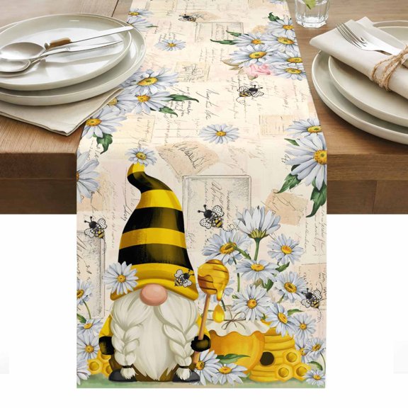 Farmhouse Rustic Table Runner 13 x 36 Inch, Gnome Daisy Floral Bee Letter Background Washable Cotton Linen Dining Table Runner Tabletop Decorations for Restaurant Home Kitchen Party