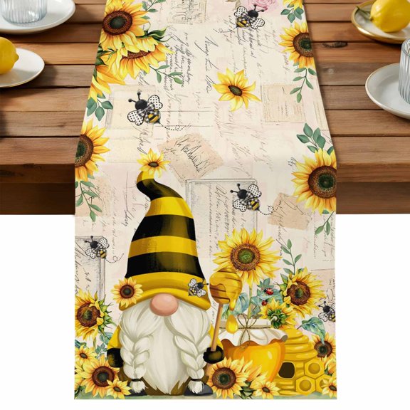 Farmhouse Rustic Table Runner, Gnome Sunflower Bee Beige Background Cotton Linen Table Cloth, Tablerunner for Kitchen Dining Party Wedding Home Decor 13x48 Inch