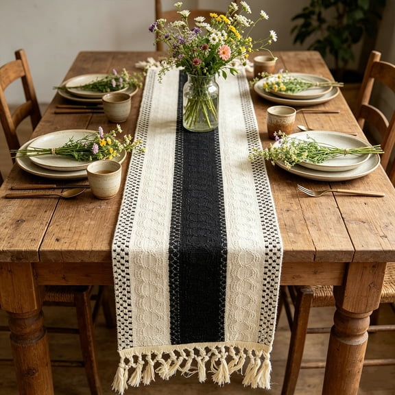 Farmhouse Rustic Table Runner with Macrame,Boho Coffee Table Decor with Tassels,Seasonal Holiday Hollow Kitchen Dining Table Decoration for Home Party Decor