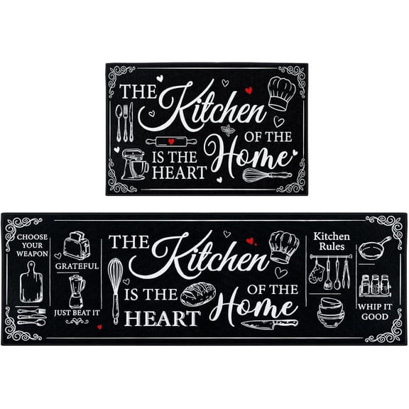 Farmhouse Rustic Vintage Kitchen Rugs and Mats Non Skid Washable Set of 2, Funny Black Floor Mats, Sweet Heart Home Runner Rug, Rustic Kitchen Decor