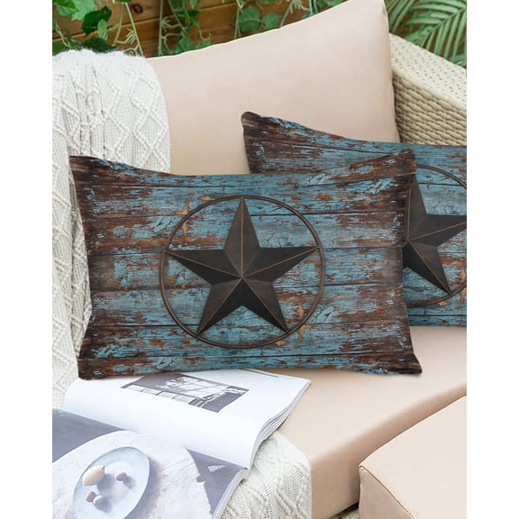 Farmhouse Rustic Western Star Outdoor Pillow Covers Waterproof Throw Pillow Cover 20x12in Set of 2,Rectangle Decorative Pillowcases Cushion Case for Patio Sofa Couch,Retro Teal and Brown Wood Grain