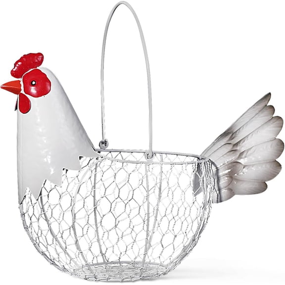 Farmhouse Rustic White Chicken Wire Metal Egg Basket With Handle,Vintage Rooster Decorative Chicken Shaped Fruit Basket Bowl for Kitchen Countertop Living Room Home Farm Table Decor