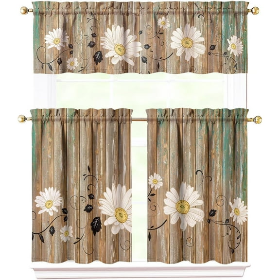 Farmhouse Rustic White Daisy Kitchen Curtains 36 Inch Length,Durable Vintage Teal Kitchen Curtains 3 Piece Set, Retro Spring Seasonal Kitchens Window Curtain Over Sink for Kitchens Decor Blackout