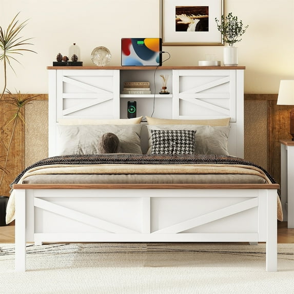Farmhouse Rustic Wood Full Platform Bed with Bookcase Headboard, Charging Station and Double Sliding Barn Door, Wood Slats Support (Full Bed, White+Brown)