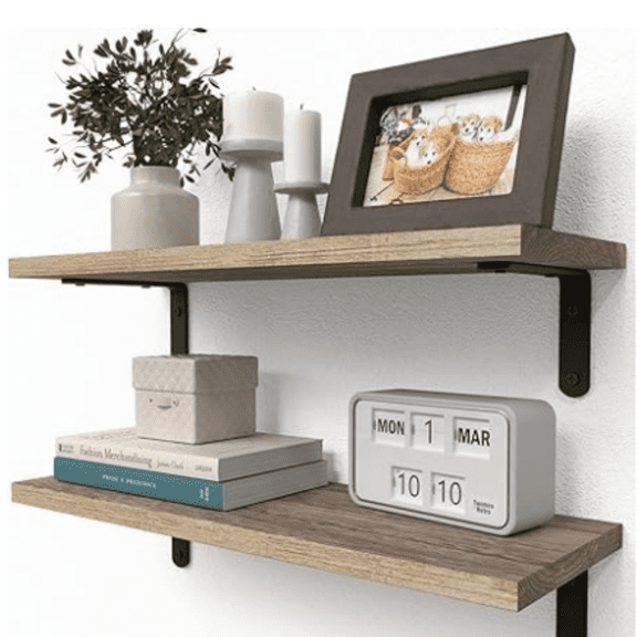 Rustic Wood Shelves Set of 2, Farmhouse Style Floating Shelf for Wall Dcor, Hanging Shelves for Bathroom, Bedroom, Storage, Kitchen, Living Room - Carbonized Black