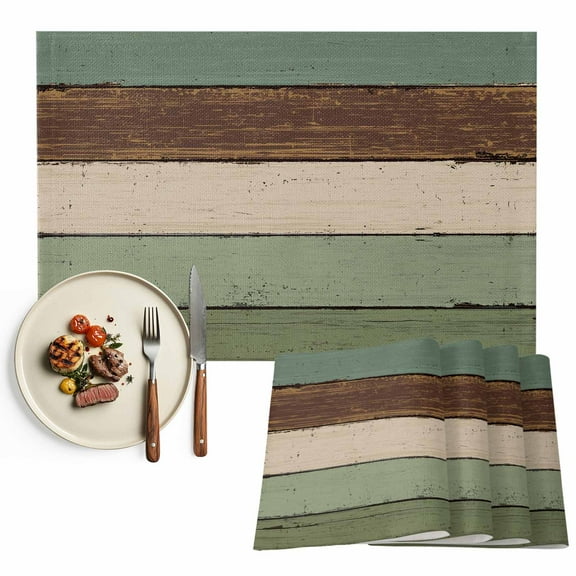 Farmhouse Rustic Wood Texture Placemats Set of 6, Sage Green Brown Table Mats Washable Heat-Insulation Non-Slip Place Mats for Kitchen Dinner Table Indoor Outdoor Decor,13x19 Inch