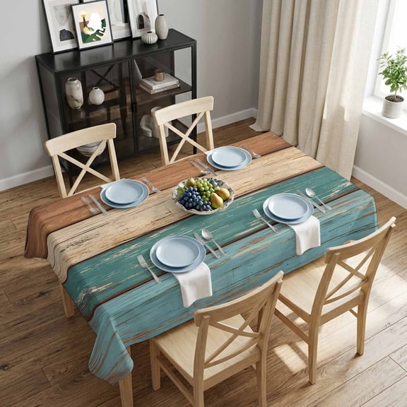 Farmhouse Rustic Wood Texture Rectangle Tablecloth 52x70 Inch Teal Brown Waterproof Polyester Table Cover, Washable Stain Resistant Tablecloth for Dining Table Kitchen Wedding