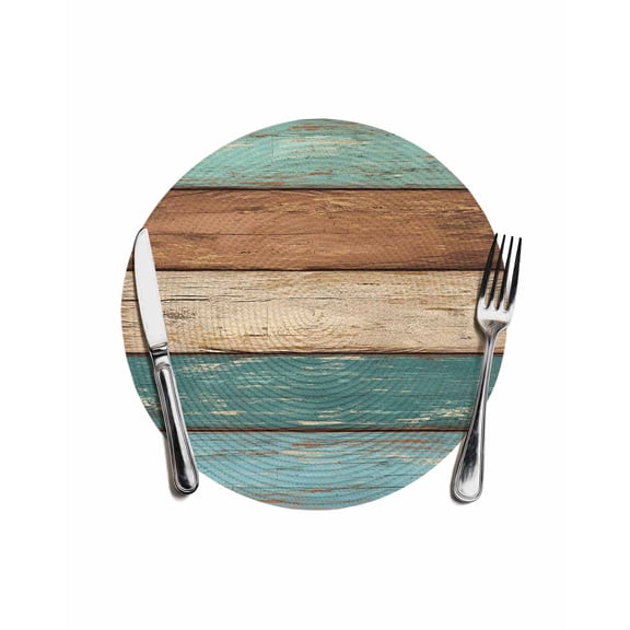 Farmhouse Rustic Wood Texture Round Table Placemats 1 pc, Teal Brown Washable Woven Place Mats for Dining Tables Kitchen Party Decor,Heat Proof, 13in,