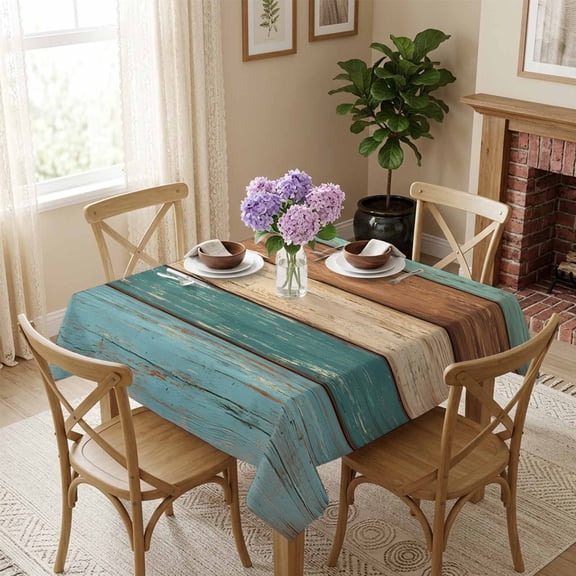 Farmhouse Rustic Wood Texture Square Tablecloth 54x54 Inch Teal Brown Waterproof Polyester Table Cover, Washable Stain Resistant Tablecloth for Dining Table Kitchen Wedding