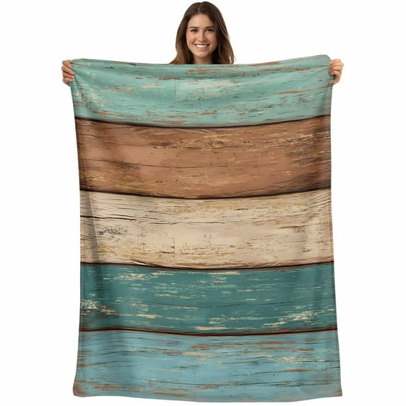 Farmhouse Rustic Wood Texture Throw Blankets, Teal Brown Soft Fleece Blanket Decorative for Home Sofa Couch Chair Living Bedroom, 40x50 inches,