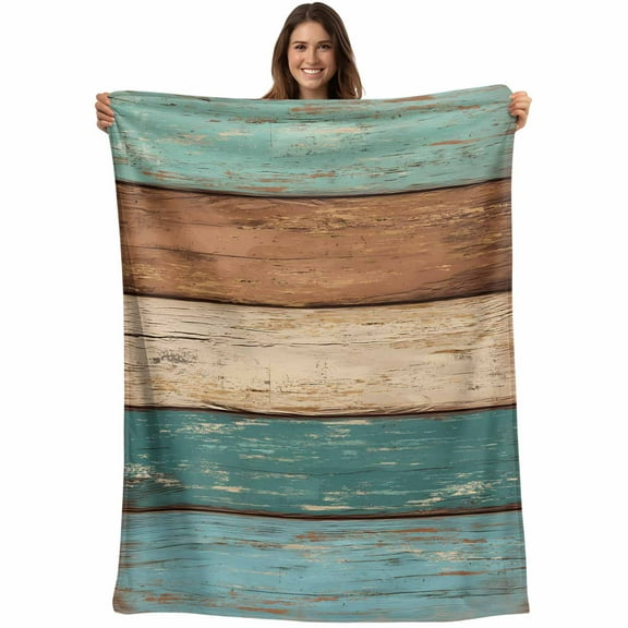 Farmhouse Rustic Wood Texture Throw Blankets, Teal Brown Soft Fleece Blanket Decorative for Home Sofa Couch Chair Living Bedroom, 50x60 inches,