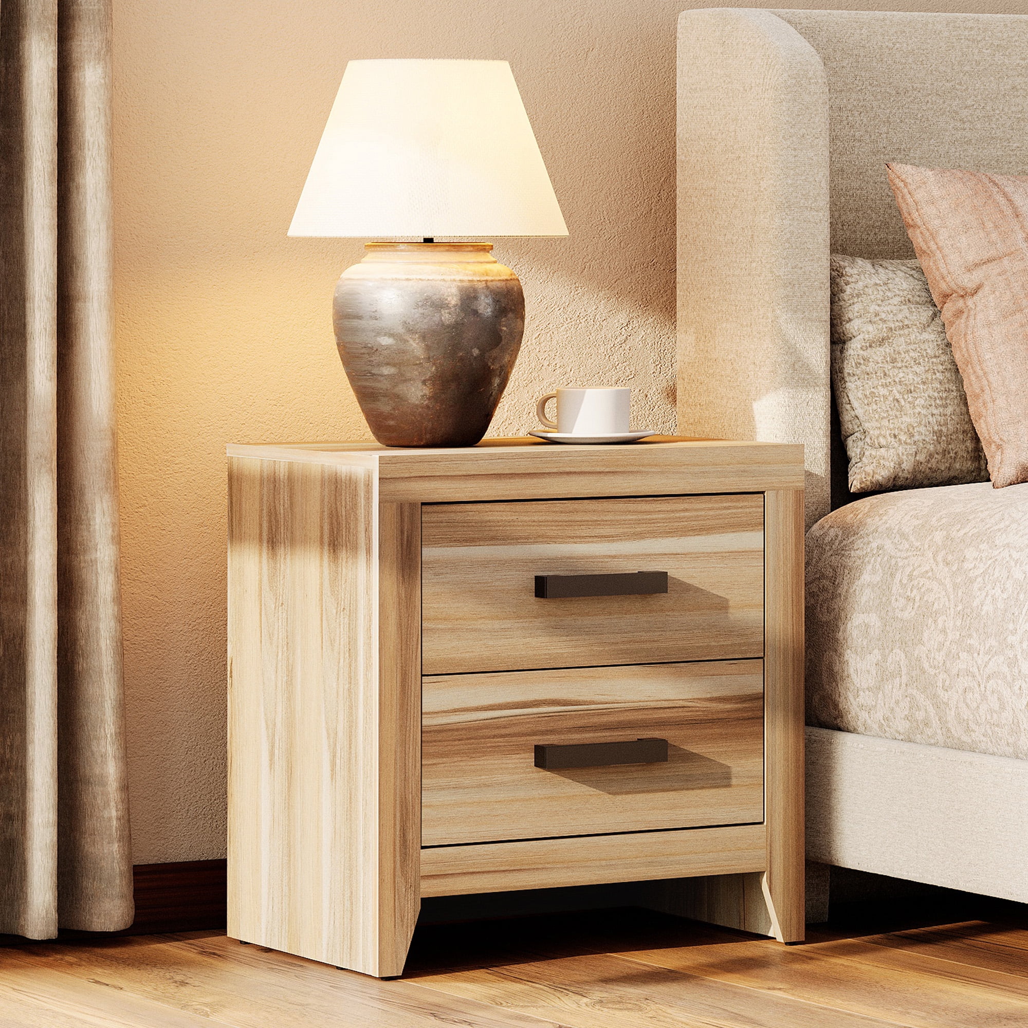 Farmhouse Rustic Wooden Nightstand With 2 Smooth‑Glide Storage Drawers,Solid‑Base Bedside End Table,Multi‑Purpose Accent Side Cabinet For Bedroom,Living‑Room,Two-Tone