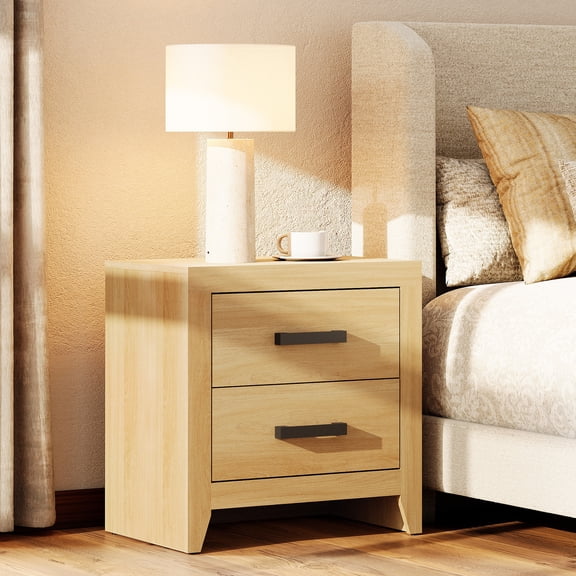 Farmhouse Rustic Wooden Nightstand With 2 Smooth‑Glide Storage Drawers,Solid‑Base Bedside End Table,Multi‑Purpose Accent Side Cabinet For Bedroom,Living‑Room,Oak