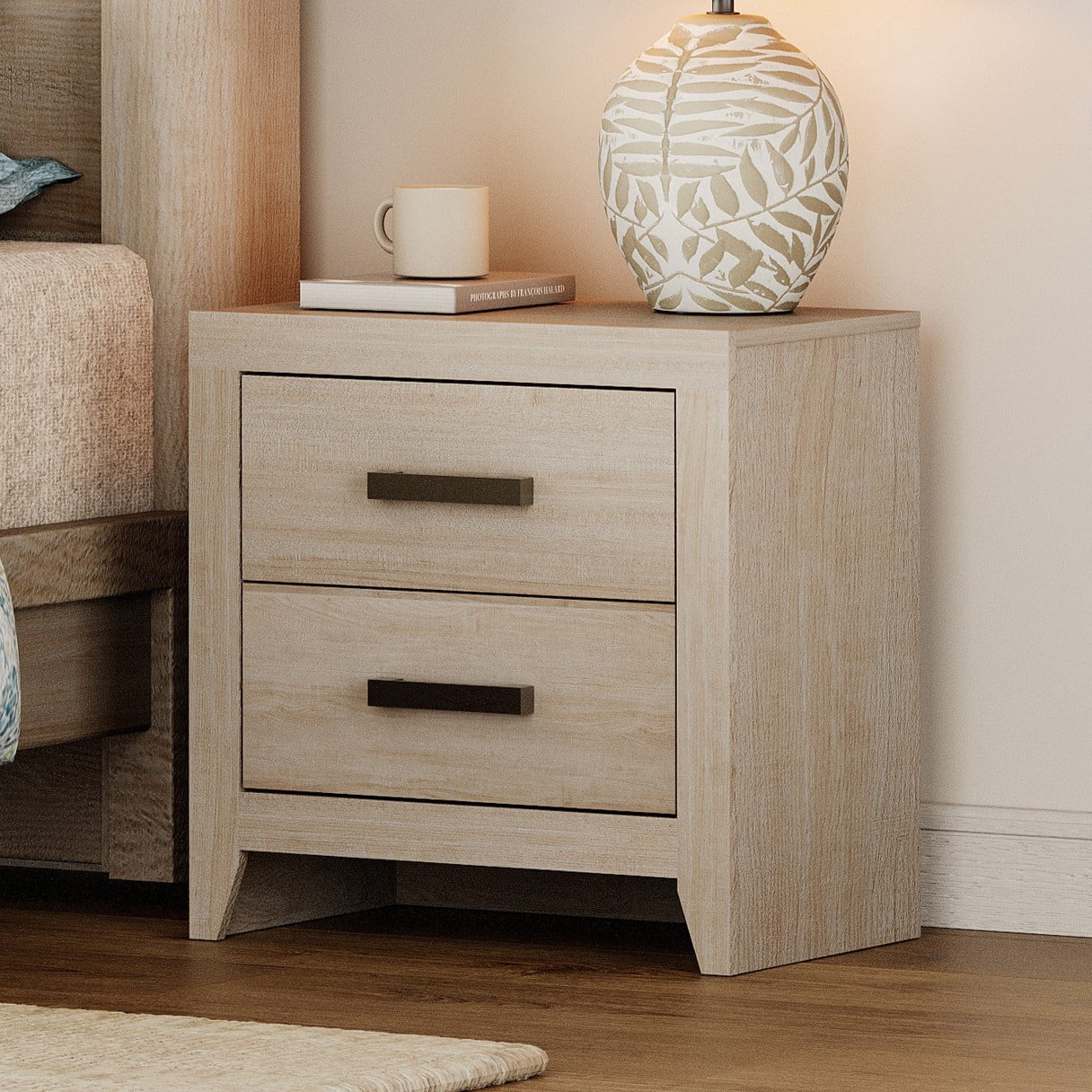 Farmhouse Rustic Wooden Nightstand With 2 Smooth‑Glide Storage Drawers,Solid‑Base Bedside End Table,Multi‑Purpose Accent Side Cabinet For Bedroom,Living‑Room,Beige
