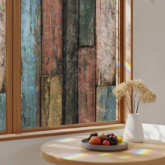 Farmhouse Rustic Wooden Plank Barn Window Privacy Film,Heat Control Sun Blocking Static Cling Rainbow Film,Vintage Splicing Wood Board Non-Adhesive Glass Sticker Door Window Tint,17.7" x 39.3"