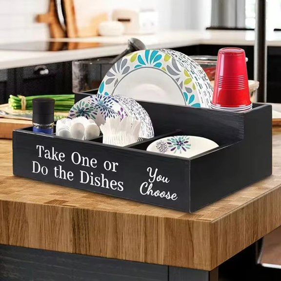 Farmhouse Rustic Wooden Plate Cup Napkin Dispenser Box Paper Plate Organizer Portable Picnic for Cups Forks Spoon Plates