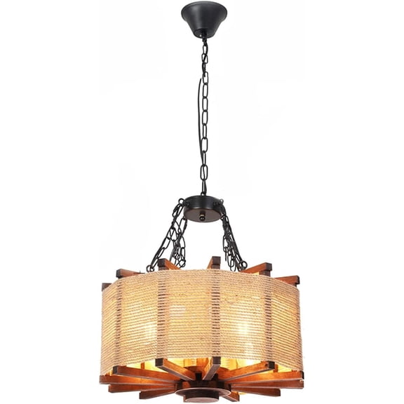 Farmhouse Rustic Wooden Twine Chandelier Lamp Fixture Round Hanging Pendant Lighting for Dining Room Entryway Kitchen Island (4*E26 Bulbs, not Included