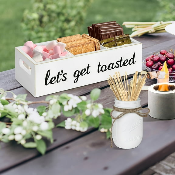 Farmhouse S'mores Bar Holder with Handle, S'Mores Station With Mason Jar, Smores Maker Container Box for Smores Kit, 4 Section Smores Caddy & Smores Accessories Organizer, Smores Tray