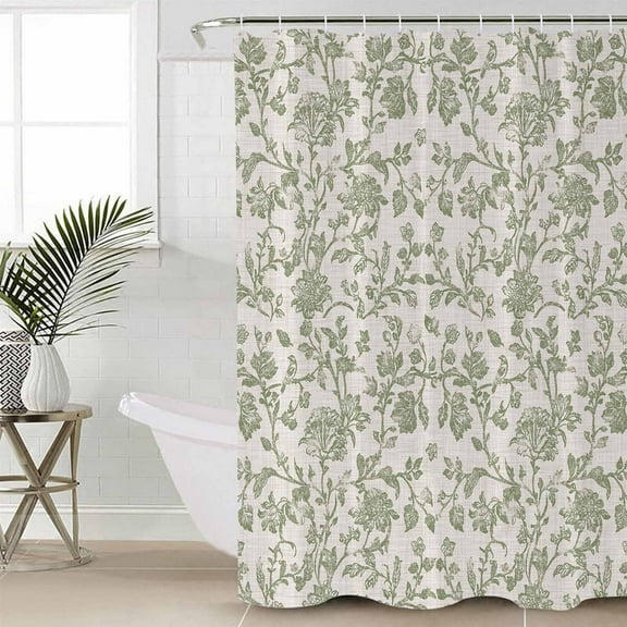 Farmhouse Sage Green Bathroom Curtain 72 Inch Shower Curtain with Hooks, Vintage Flower Leaf Botanical Waterproof Polyester Bath Curtain Washable Bathtub Curtain 72''x 72''