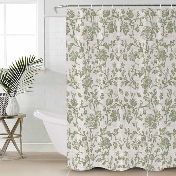 Farmhouse Sage Green Bathroom Curtain 72 Inch Shower Curtain with Hooks, Vintage Flower Leaf Botanical Waterproof Polyester Bath Curtain Washable Bathtub Curtain 72''x 72''