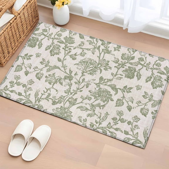 Farmhouse Sage Green Bathroom Rug Washable 2x3 Entryway Rug Non Slip Vintage Flower Leaf Botanical Front Door Mat Low Pile Indoor Doormat Throw Floor Carpet for Kitchen Bedroom Entrance