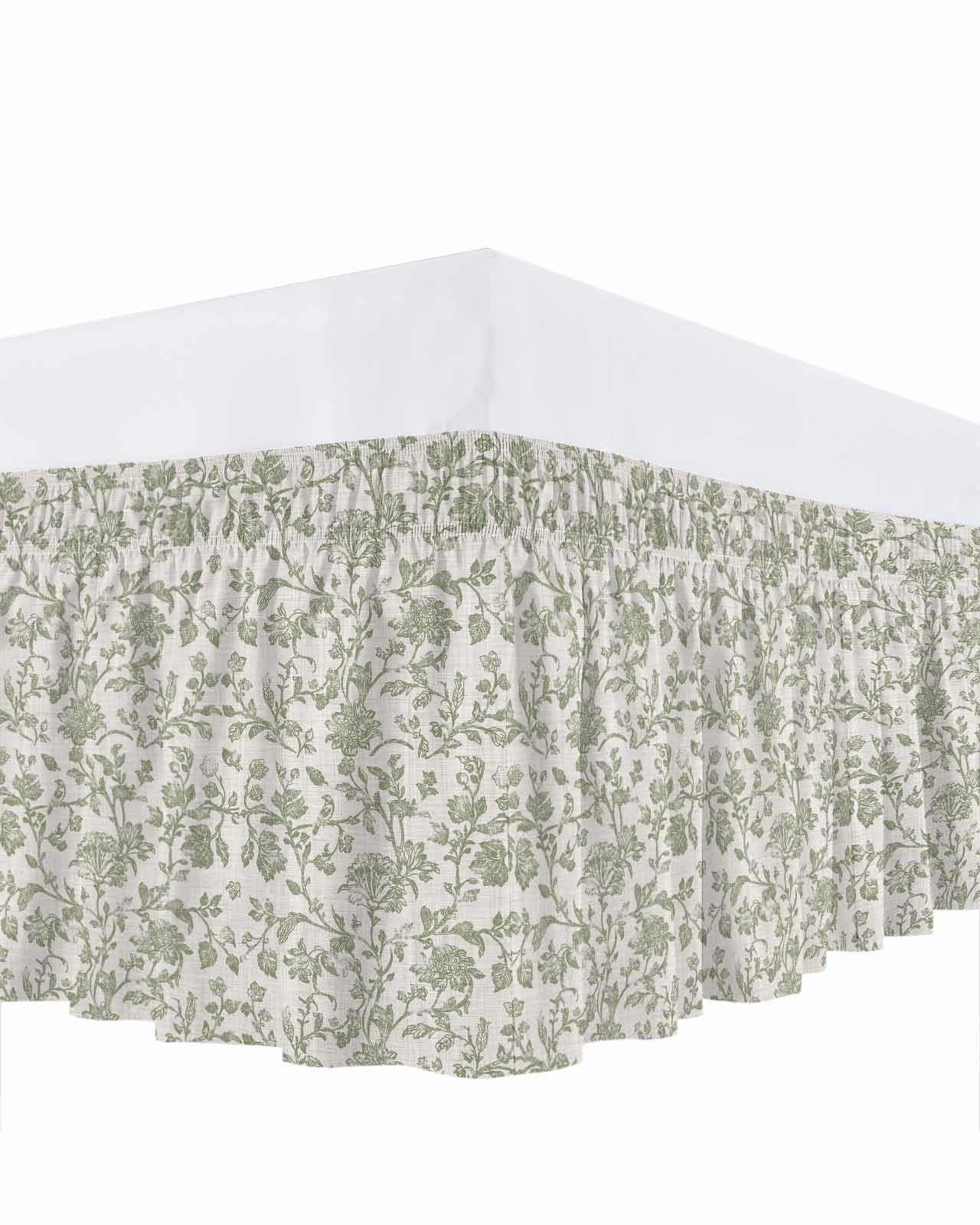 Farmhouse Sage Green Bed Skirt Queen Size, Vintage Flower Leaf Botanical Wrap Around Bed Skirting with Adjustable Elastic Strap, Dust Ruffle Pleated Bedskirts 18 Inch Drop for Bedroom Queen Beds
