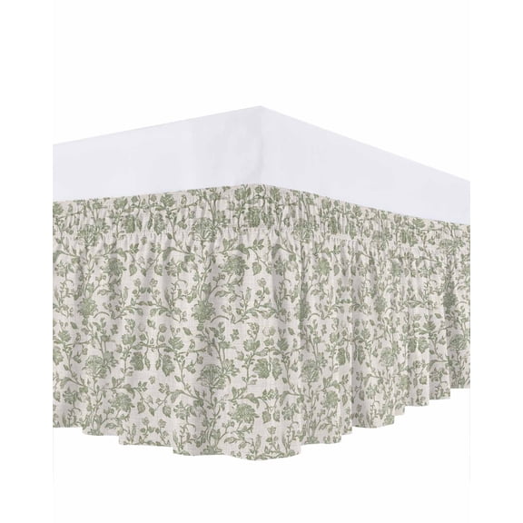 Farmhouse Sage Green Bed Skirt Queen Size, Vintage Flower Leaf Botanical Wrap Around Bed Skirting with Adjustable Elastic Strap, Dust Ruffle Pleated Bedskirts 16 Inch Drop for Bedroom Queen Beds