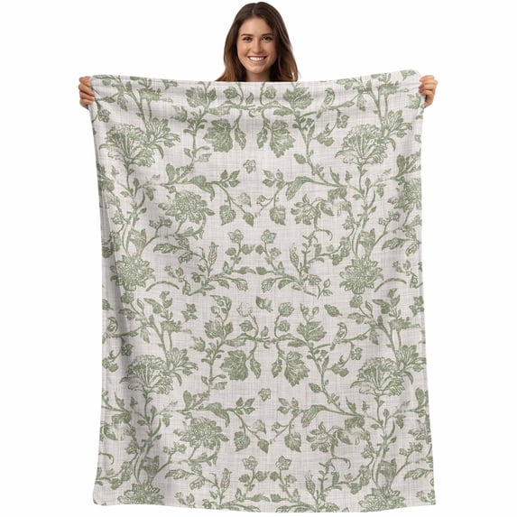 Farmhouse Sage Green Blanket Soft Cozy Warm Throw Blanket for Couch, Plush Fuzzy Flannel Fleece Blankets for Sofa, Vintage Flower Leaf Botanical Bed Blankets Lightweight Gifts for Women, 40"x60"