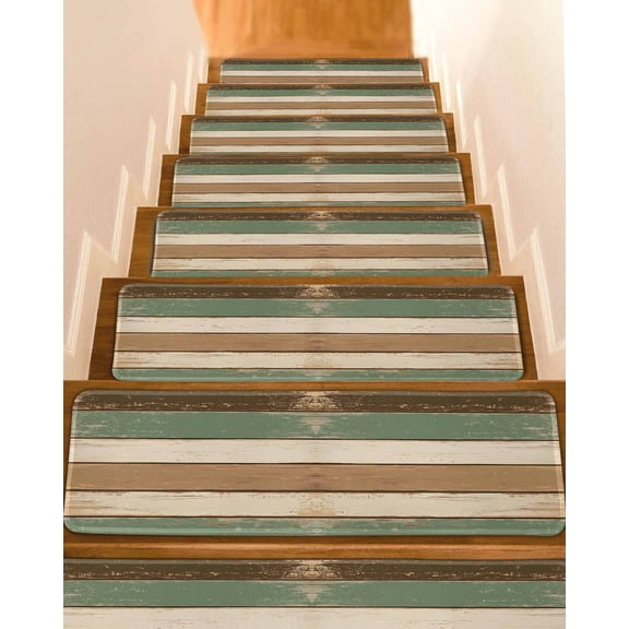 Farmhouse Sage Green Brown Stair Treads for Wooden Steps Indoor Runner Rug Carpet, Country Vintage Wooden 4 Pieces Peel and Stick Staircase Step Treads Covers Washable Throw Door Mats, 30"x8"