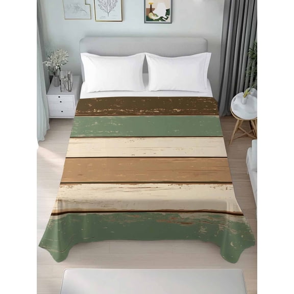Farmhouse Sage Green Brown Twim Size Flat Sheet, Wrinkleproof & Fadeproof Cooling Flat Bed Sheet Only, Country Vintage Wooden Breathable Soft Bedding Top Sheets 66 x 96 Inches