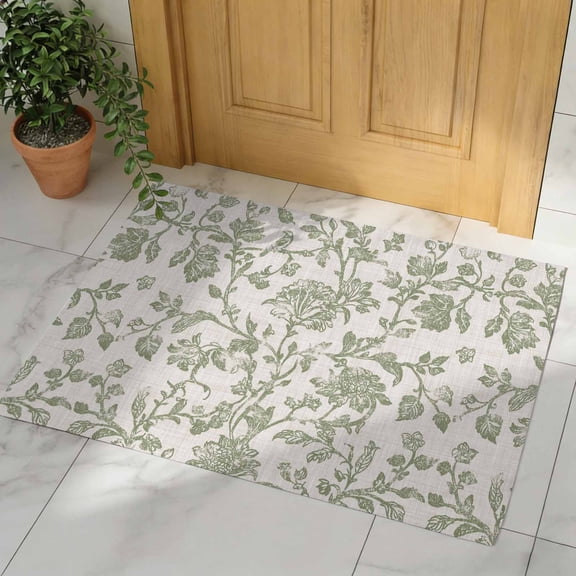 Farmhouse Sage Green Door Mat, Non Slip Bathroom Rugs, Vintage Flower Leaf Botanical Absorbent Floor Mats, Washable Runner Rug Indoor Doormat for Front Door Entrance, Patio, Garage 16"x24"