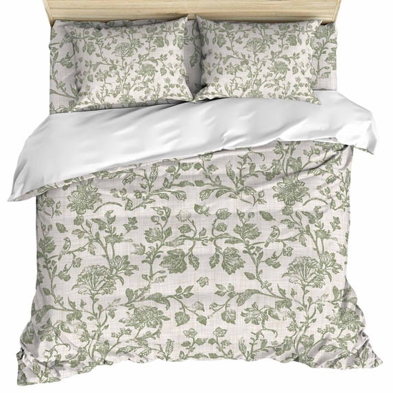 Farmhouse Sage Green Duvet Cover Set, Vintage Flower Leaf Botanical Soft Duvet Cover Full Size Bedding Set 4 Pieces, 1 Quiltcover and 2 Pillowcases with Zipper, 1 Bed Sheet for All Seasons