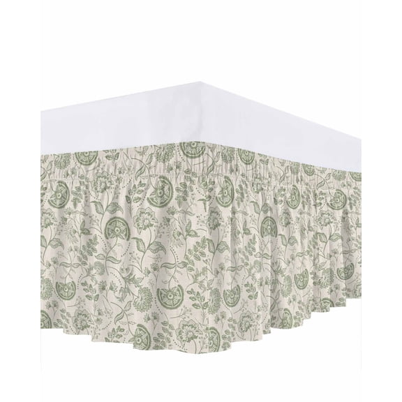 Farmhouse Sage Green Floral Bed Skirt King Size 18" Drop Linen Boho Paisley Flower Rustic Ruffled Wrap Around Bed Skirts Adjustable Elastic Bedskirt Dust Ruffle for King Size Bed