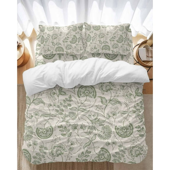 Farmhouse Sage Green Floral Bedding Duvet Cover Set Twin Size 4 Pieces Linen Boho Paisley Flower Rustic Bedding Set with Zipper Closure, 1 Comforter Cover 68x86 Inches 1 Flat Sheet & 2 Pillow Cases