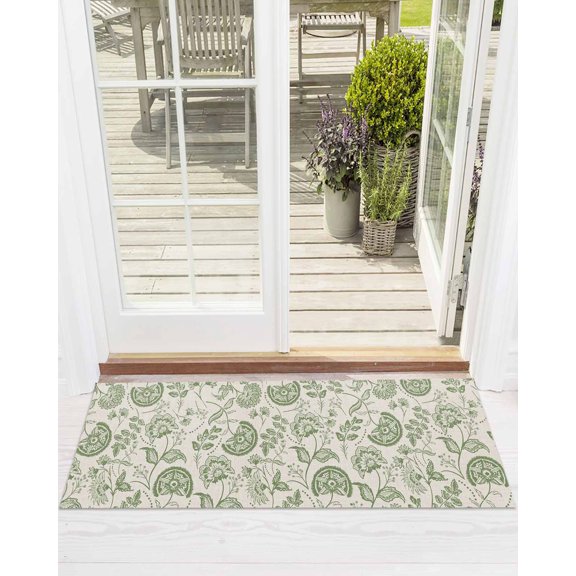 Farmhouse Sage Green Floral Front Door Mat Linen Boho Flower Rustic Country Welcome Doormat Indoor Outdoor Entrance Floor Mat Non-Slip Washable Runner Rug for Front Porch Decor 16x47 Inch