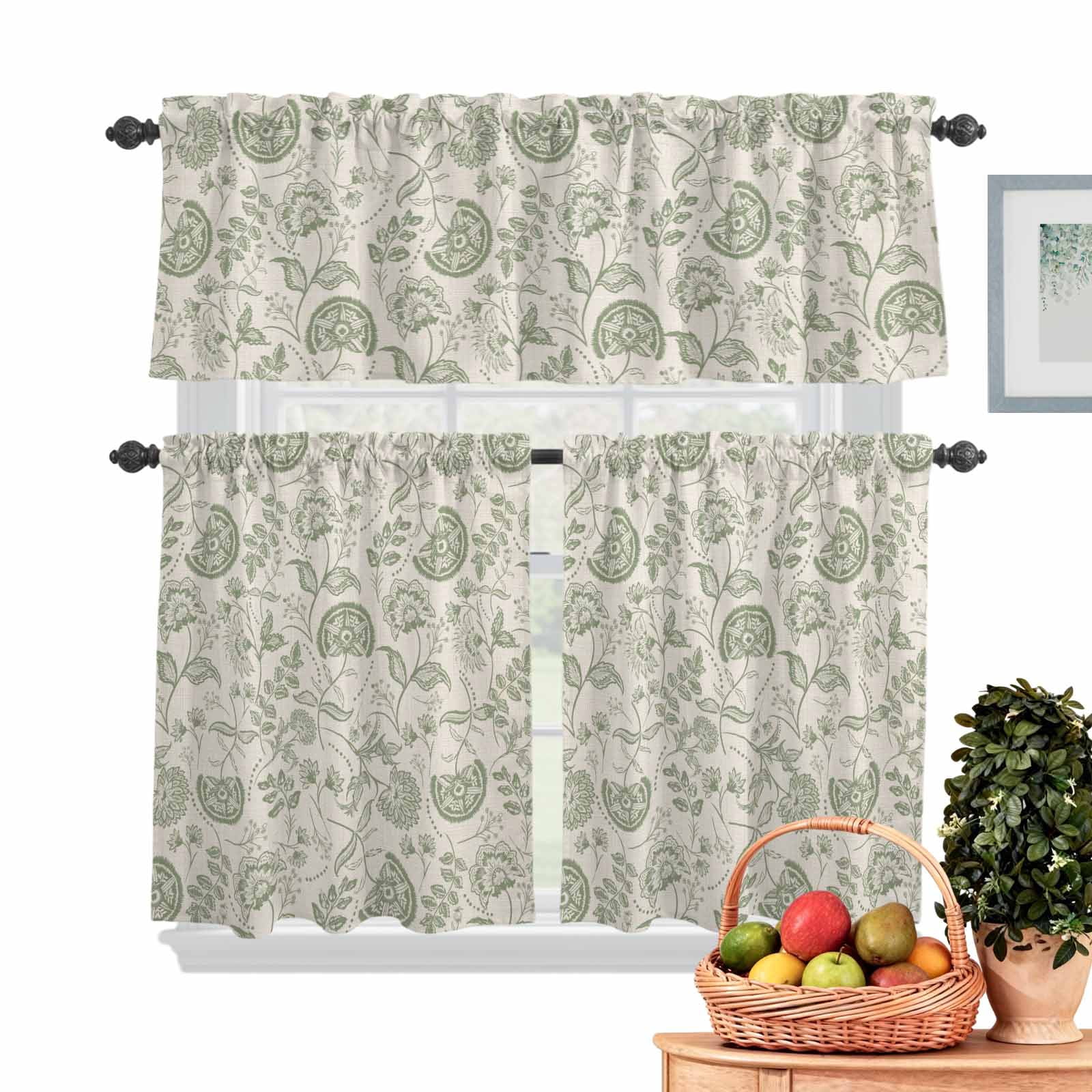 Farmhouse Sage Green Floral Kitchen Curtains Valances 3 Piece Set, Linen Boho Paisley Flower Rustic Rod Pocket Tier Curtain and Valance Drapes for Small Window 36 Inch Length for Bedroom Cafe