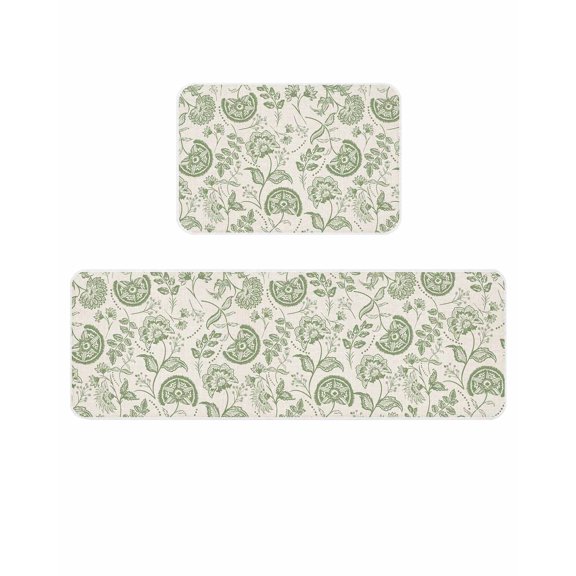 Farmhouse Sage Green Floral Kitchen Mats for Floor 2 Piece, Linen Boho Flower Rustic Country Absorbent Non-Slip Kitchen Rugs Comfort Standing Mat for Laundry, Hallways 15.7"x23.6"+15.7"x47.2"