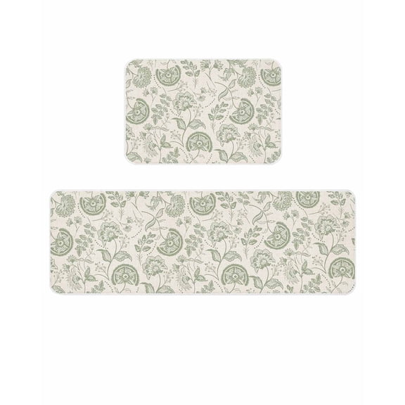 Farmhouse Sage Green Floral Kitchen Mats for Floor 2 Piece, Linen Boho Paisley Flower Rustic Absorbent Non-Slip Kitchen Rugs Comfort Standing Mat for Laundry, Hallways 15.7"x23.6"+15.7"x47.2"