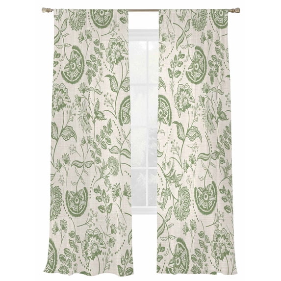 Farmhouse Sage Green Floral Sheer Curtains 96 Inch Long 2 Panels, Linen Boho Flower Rustic Country Light Filtering Rod Pocket Semi Sheer Curtains, Sheer Voile Drapes for Living Room Bedroom, 52"x96"