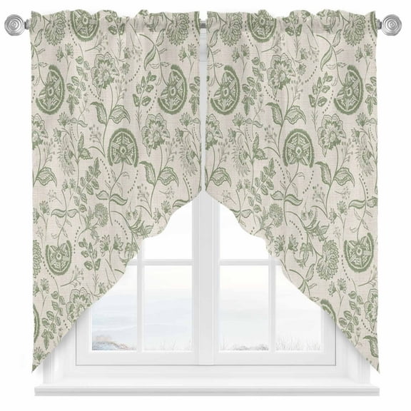 Farmhouse Sage Green Floral Swag Valances for Windows 2 Pack Linen Boho Paisley Flower Rustic Swag Kitchen Curtains 45 Inches Long Rod Pocket Short Window Treatment for Kitchen Bathroom 36"x45"