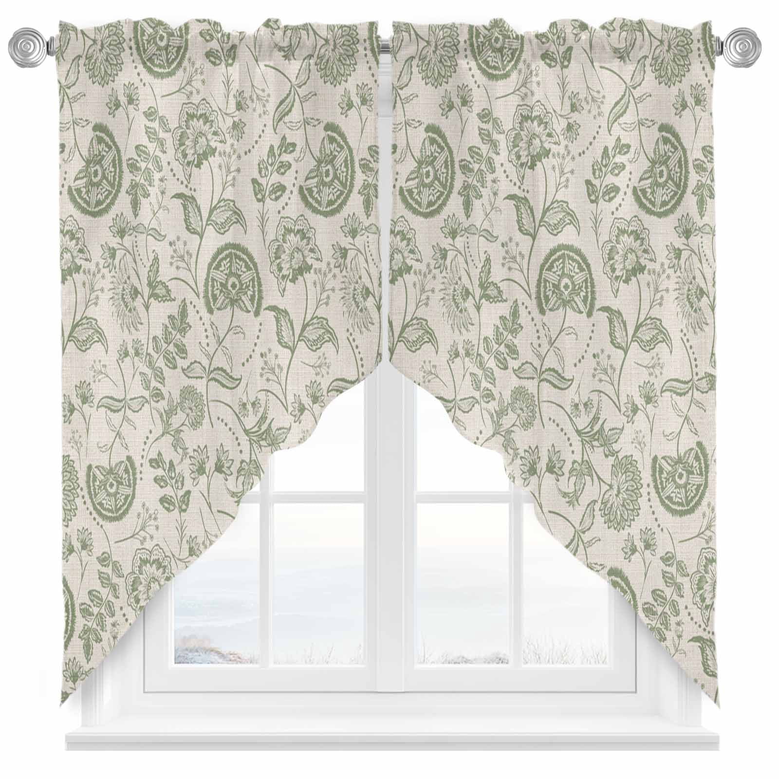 Farmhouse Sage Green Floral Swag Valances for Windows 2 Pack Linen Boho Paisley Flower Rustic Swag Kitchen Curtains 63 Inches Long Rod Pocket Short Window Treatment for Kitchen Bathroom 36"x63"