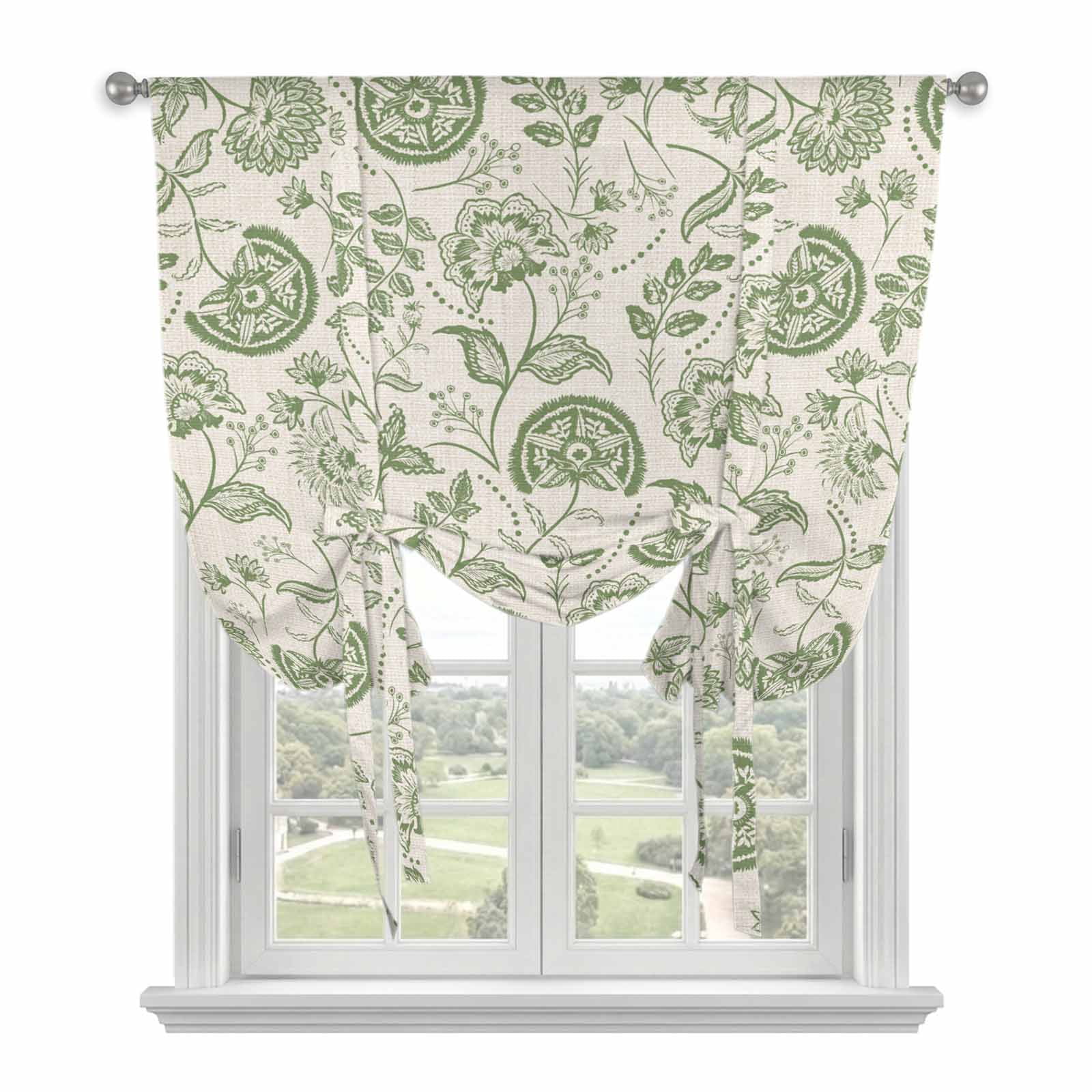 Farmhouse Sage Green Floral Tie Up Curtains, Linen Boho Flower Rustic Country Adjustable Rod Pocket Balloon Curtains Light Blocking Window Treatment for Kitchen Living Room Bedroom, 34 × 45 In