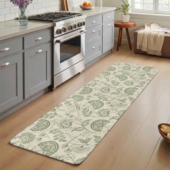 Farmhouse Sage Green Floral Washable Runner Rug 2X5 ft Linen Boho Paisley Flower Rustic Non-Slip Hallway Runner Rug, Linen Kitchen Runner Mats, Indoor Floor Carpet for Entryway Bathroom Bedroom